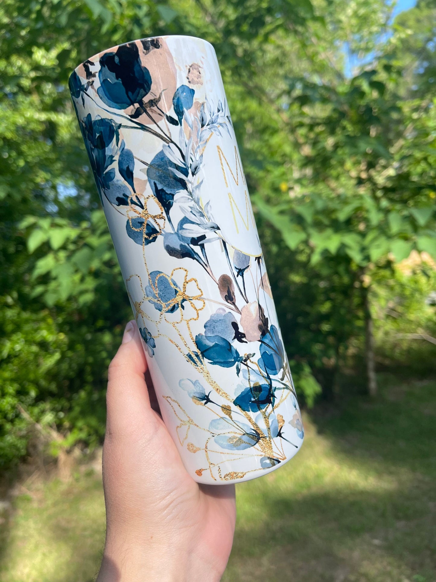 Blue and Gold MAMA 20 oz floral tumbler