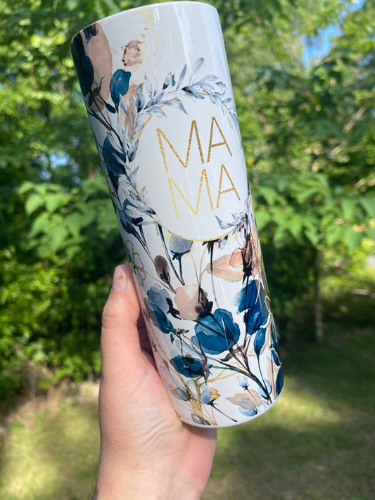 Blue and Gold MAMA 20 oz floral tumbler