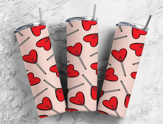 Candy red lollipops hearts 20oz pink and red skinny tumbler Valentine’s Day v day gift