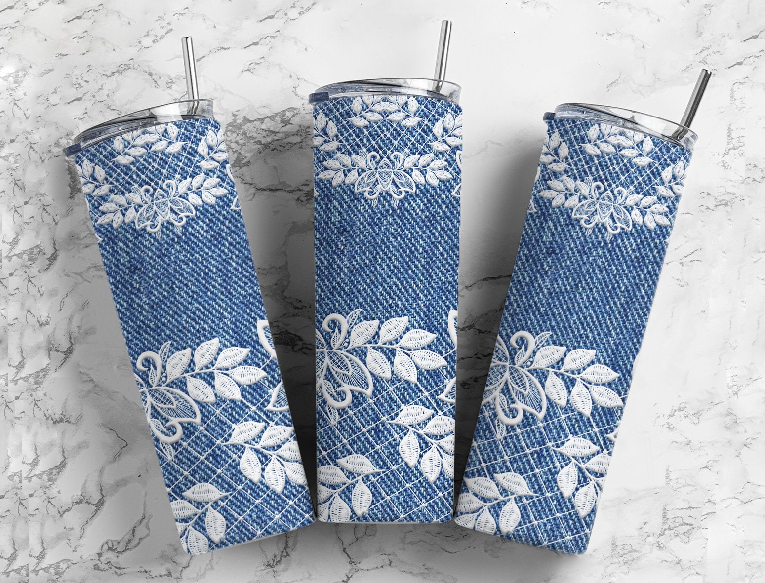 Blue denim fabric 20oz skinny tumbler white lace lacy look