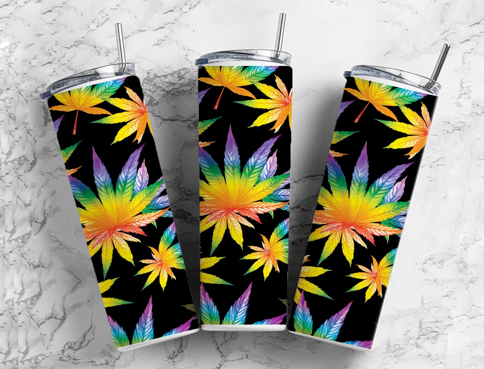 Rainbow marijuana weed leaf 20oz skinny tumbler black cup