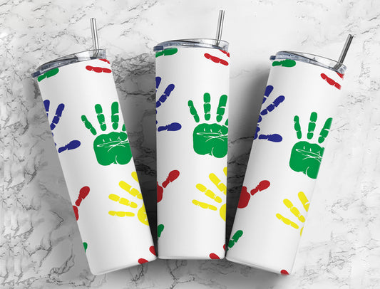 Kids teacher hand prints kindergarten 20oz skinny cute tumbler finger paint kids bottle with lid and straw