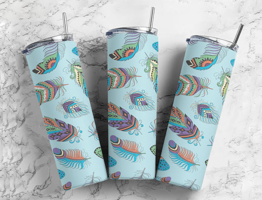 Feathers bird feathers 20oz tumbler skinny blue rainbow