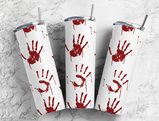 Bloody hand prints crime scene fingerprints 20oz skinny blood tumbler