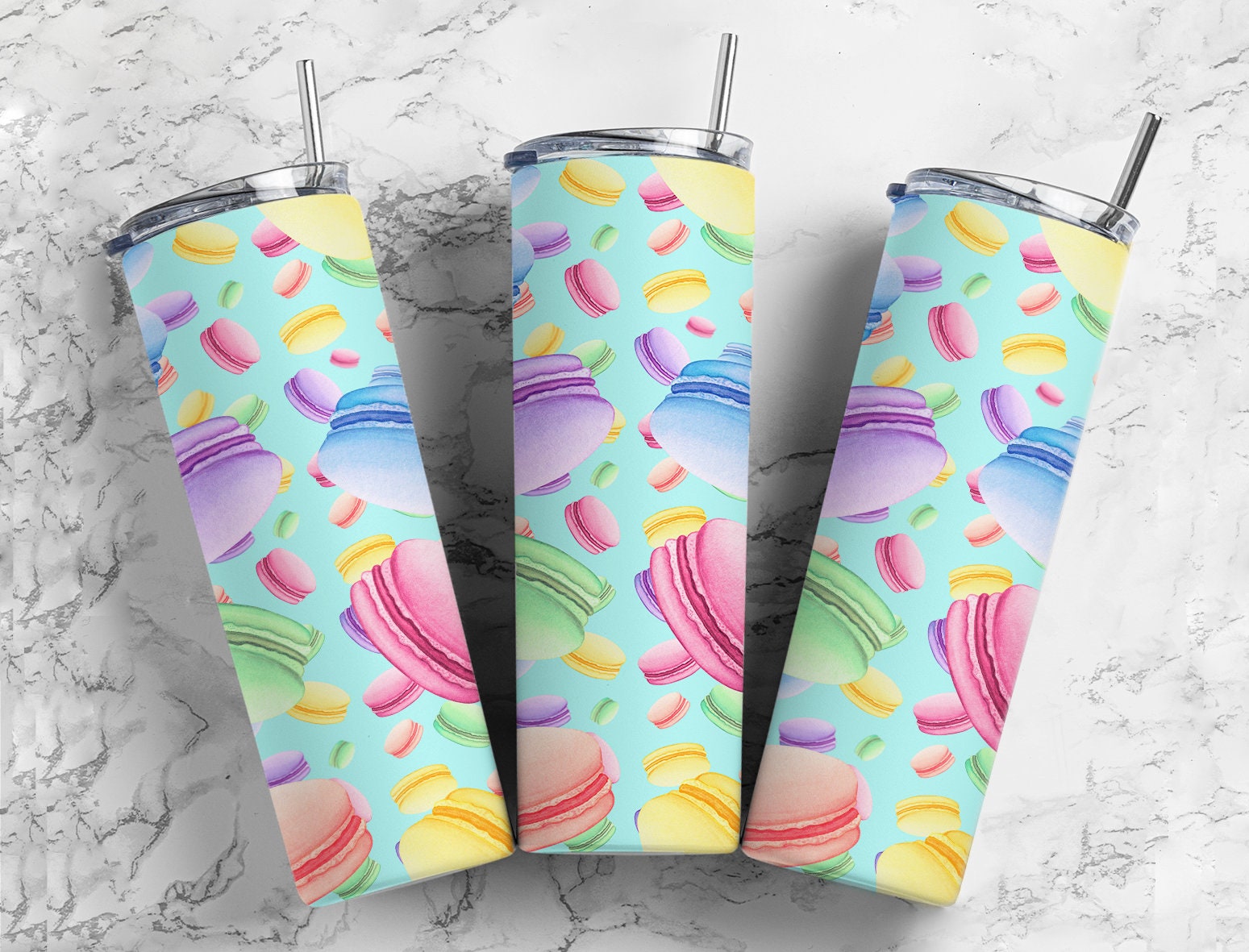 Rainbow colorful macaroons cookies 20oz skinny tumbler