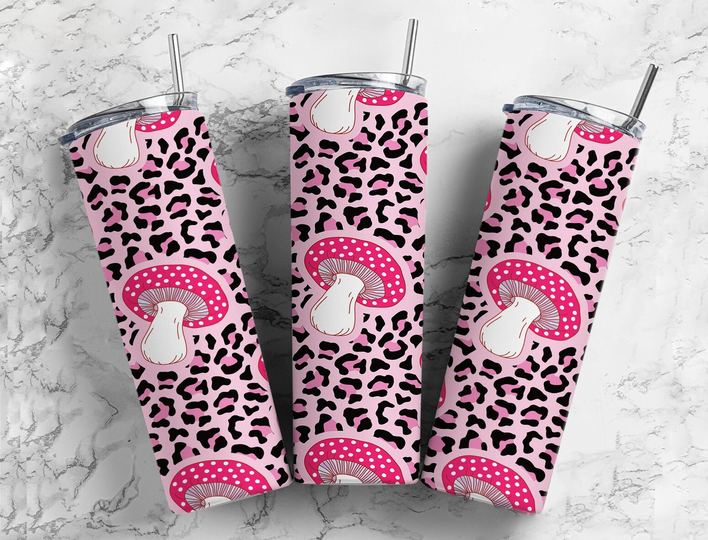 Pink cheetah print and mushroom 20oz skinny tumbler