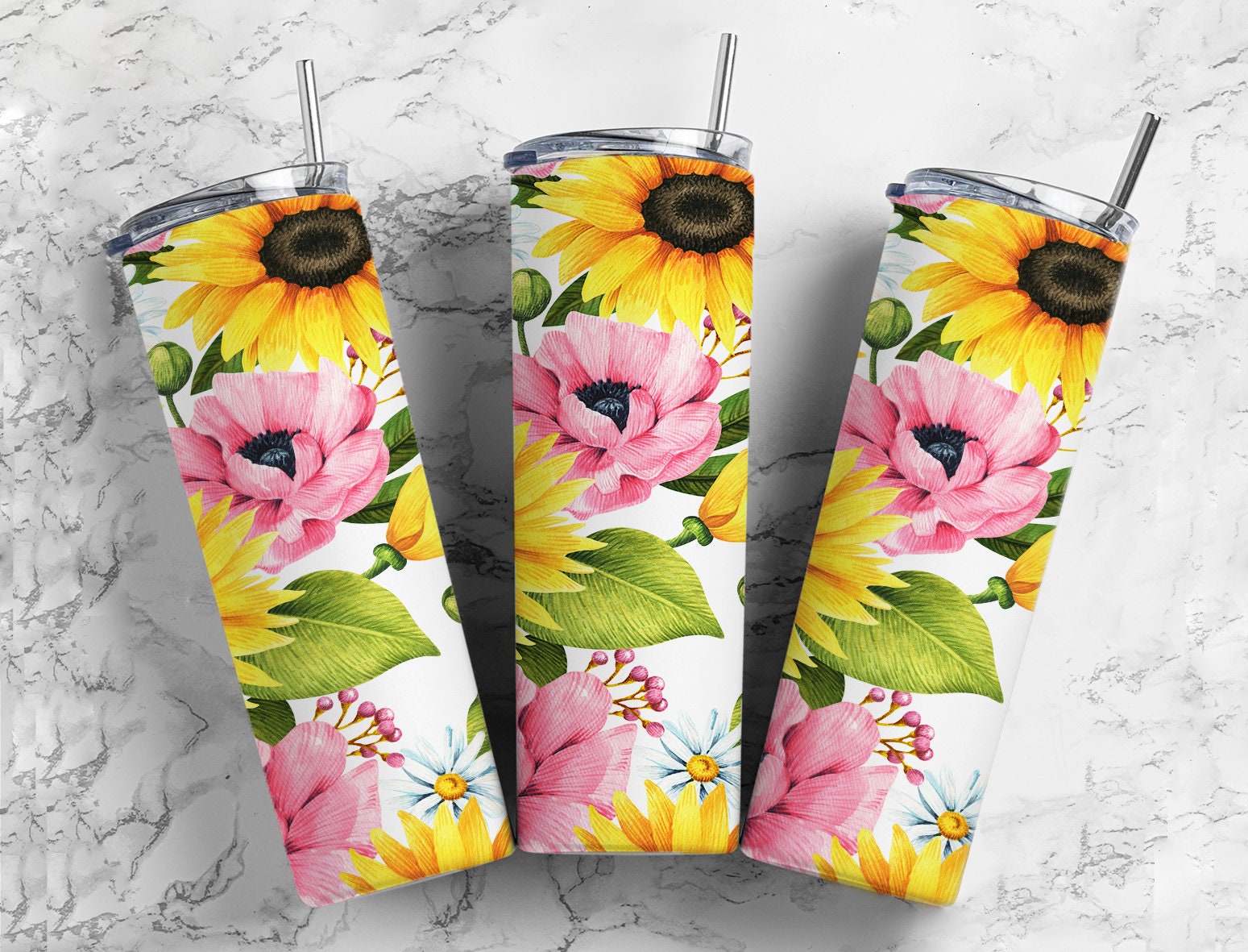 Sunflower with yellow and pink floral flowers collage 20oz skinny tumbler OR 12oz kids bottle