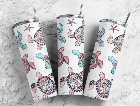 Pink blue purple sealife turtles starfish 20oz skinny tumbler OR 12oz Kids bottle