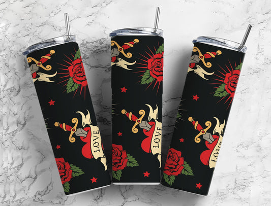 Red and black american style tattoo hearts and swords 20oz skinny tumbler personalized or 12oz kids bottle