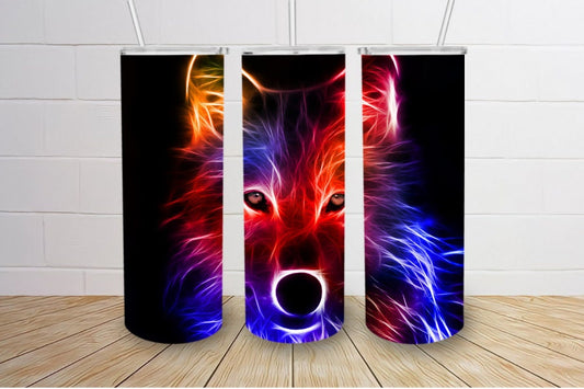 Rainbow wolf head portrait lights 20oz skinny tumbler or 12oz kids bottle wolf tumbler cup