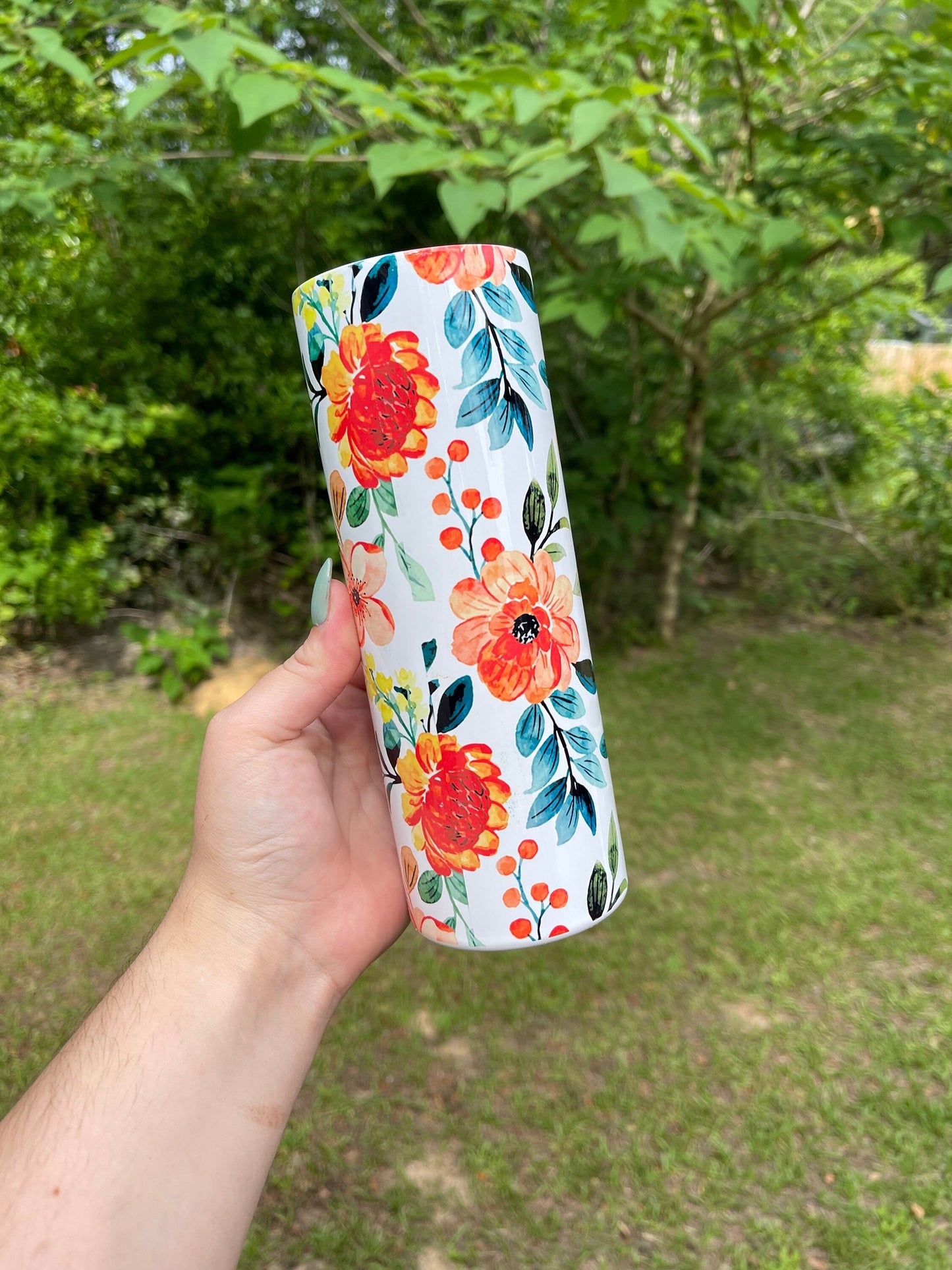 Beautiful tumbler orange  flower peony, vines floral tumbler 20oz skinny