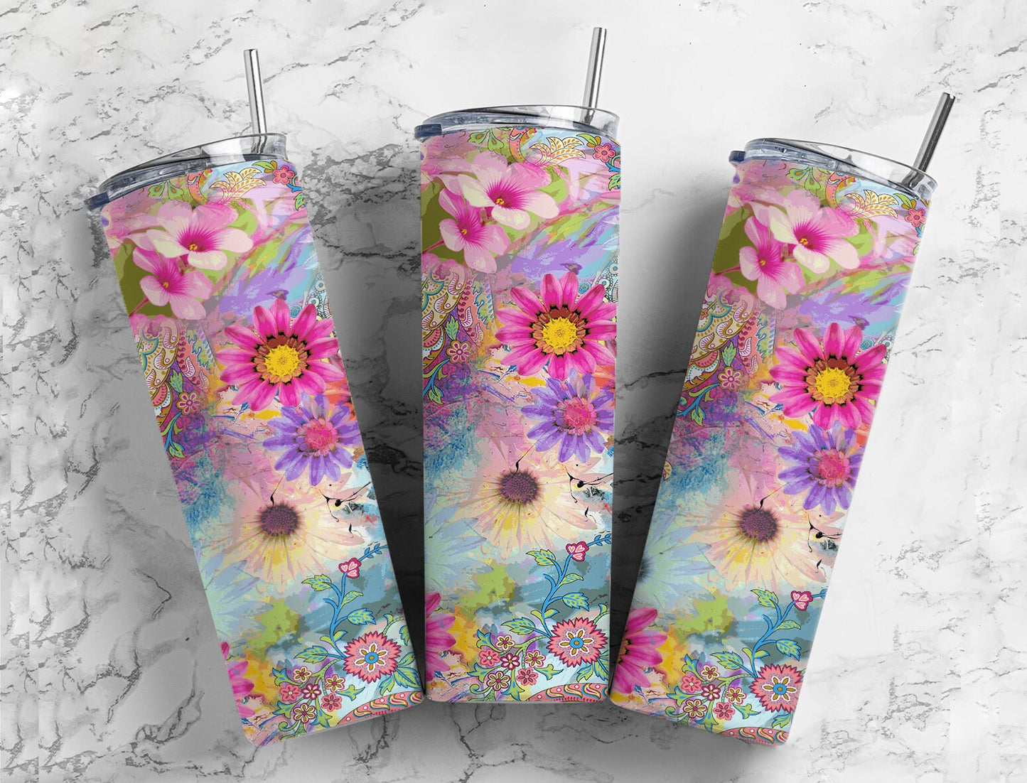 Rainbow colorful wildflower 20oz skinny tumbler florals or 12oz kids bottle