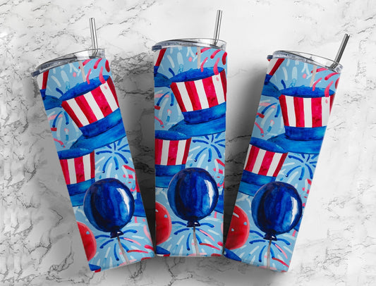 4th of July red white and blue sparklers hats balloons 20oz skinny tumbler or 12oz kids bottle with straw