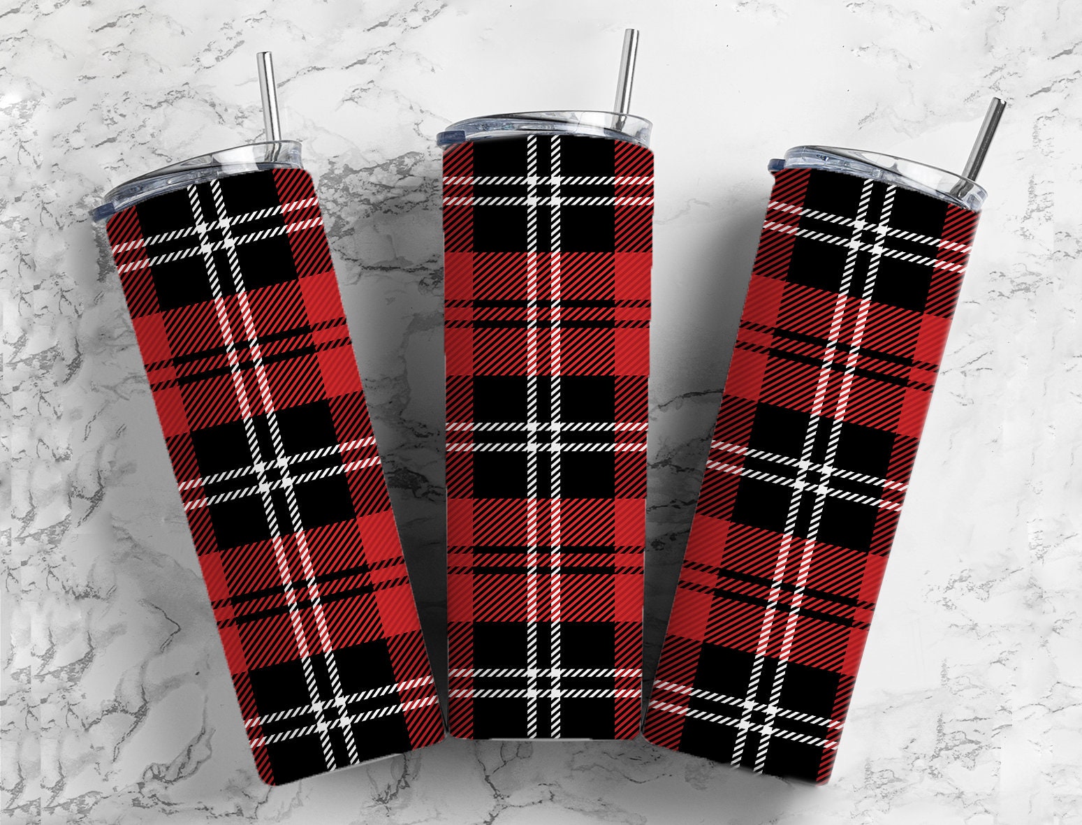 Red and black, white christmas plaid tumbler 20oz skinny tumbler or 12oz kids bottle with straw