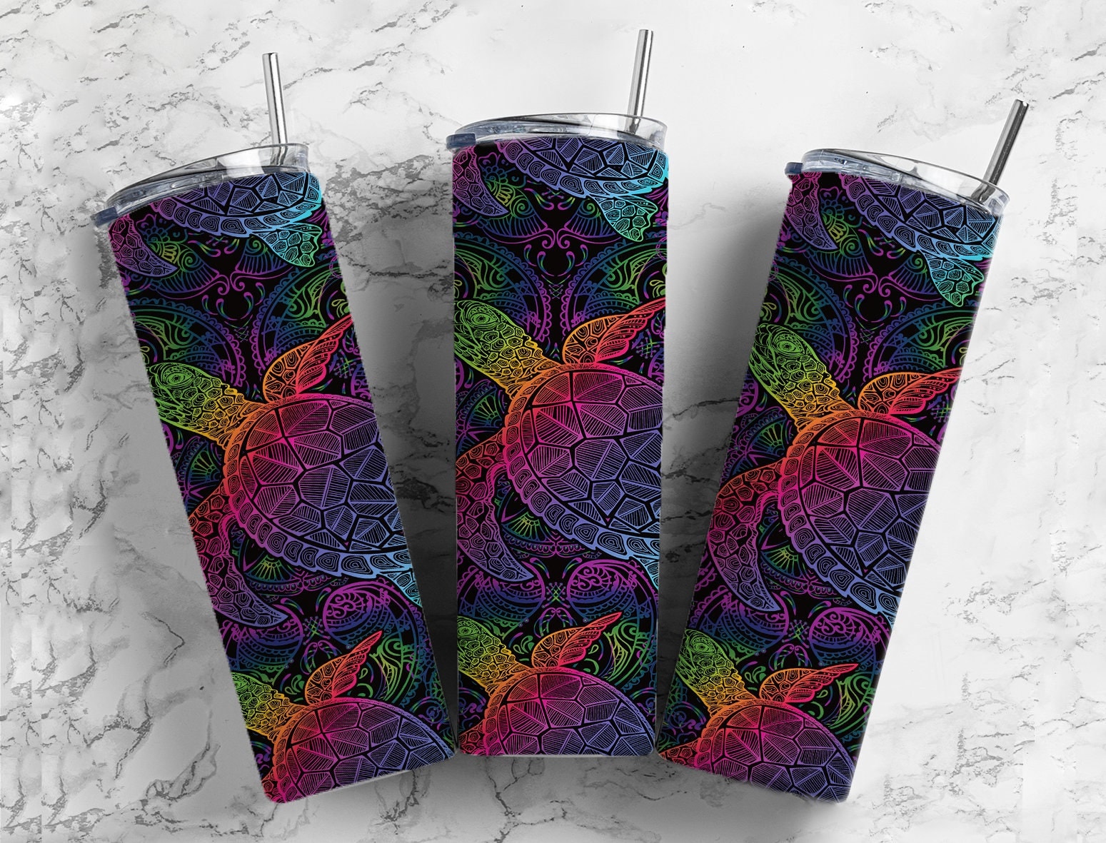 Abstract lined colorful rainbow sea turtles collage mosaic look 20oz skinny tumbler or 12oz kids bottle