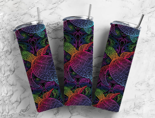 Abstract lined colorful rainbow sea turtles collage mosaic look 20oz skinny tumbler or 12oz kids bottle