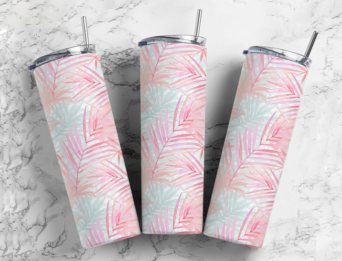 Pastel floral leaves palm frons pink and blue 20oz skinny tumbler or 12oz kids bottle