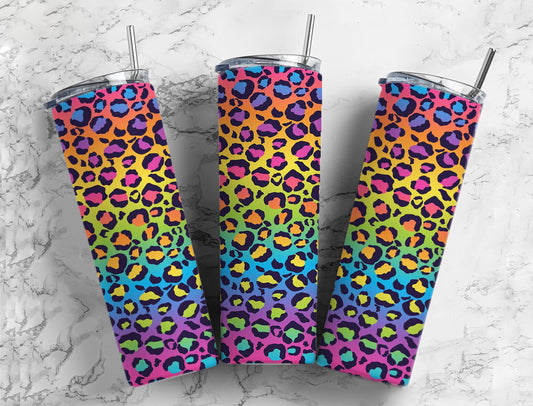 Rainbow colored cheetah print 20oz tumbler