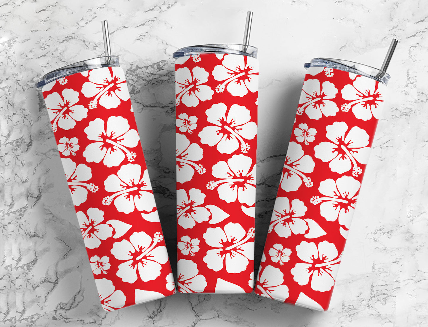 Hawaiian hibiscus floral red and white 20oz skinny tumbler