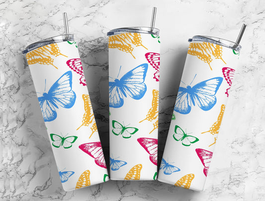 Rainbow colored butterflies 20oz skinny tumbler