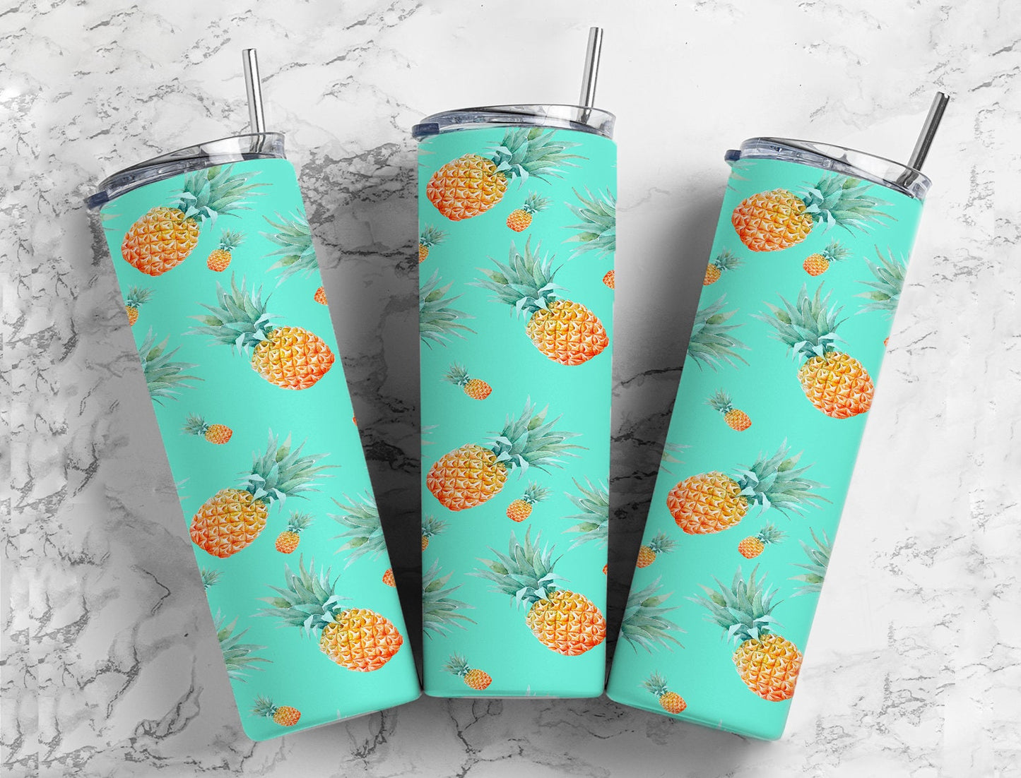 Neon pineapples teal blue 20oz skinny tumbler