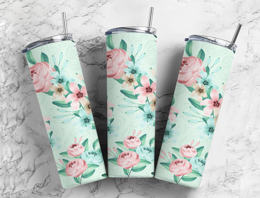 Cute mint and pink pastel floral flowers 20oz skinny tumbler