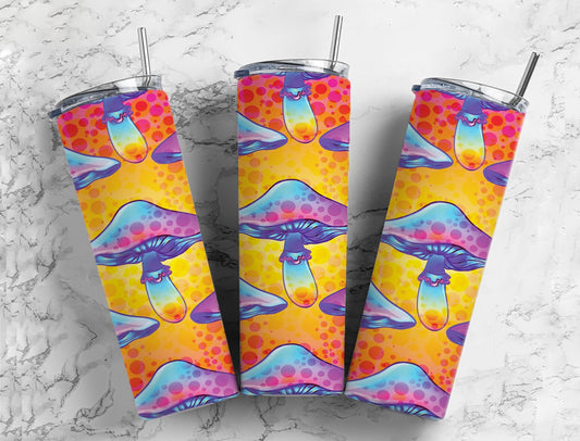 Yellow sunset red orange mushrooms 20oz skinny tumbler