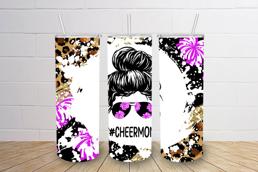 Cheer mom #momlife bun with cheetah and pom poms 20oz skinny tumbler