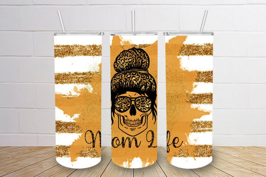 Skeleton mom life stiped yellow gold 20oz skinny tumbler mom bun