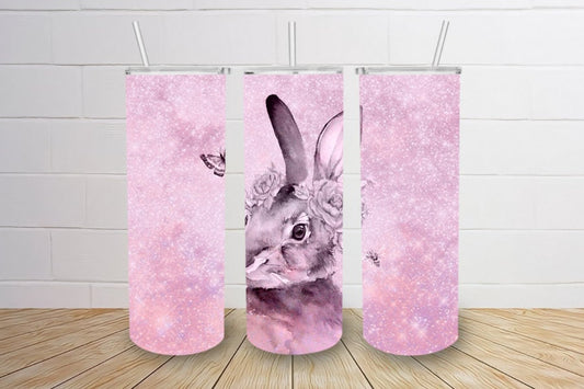 Cute Pastels pink glitter look rabbit bunny  20oz skinny tumbler or 12oz kids bottle