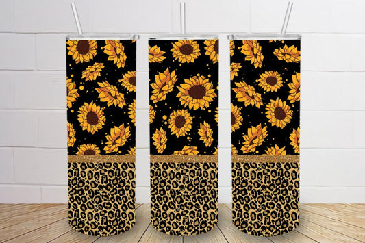 Yellow gold sunflower and cheetah print pretty 20oz skinny tumbler or 12oz kids bottle with straw