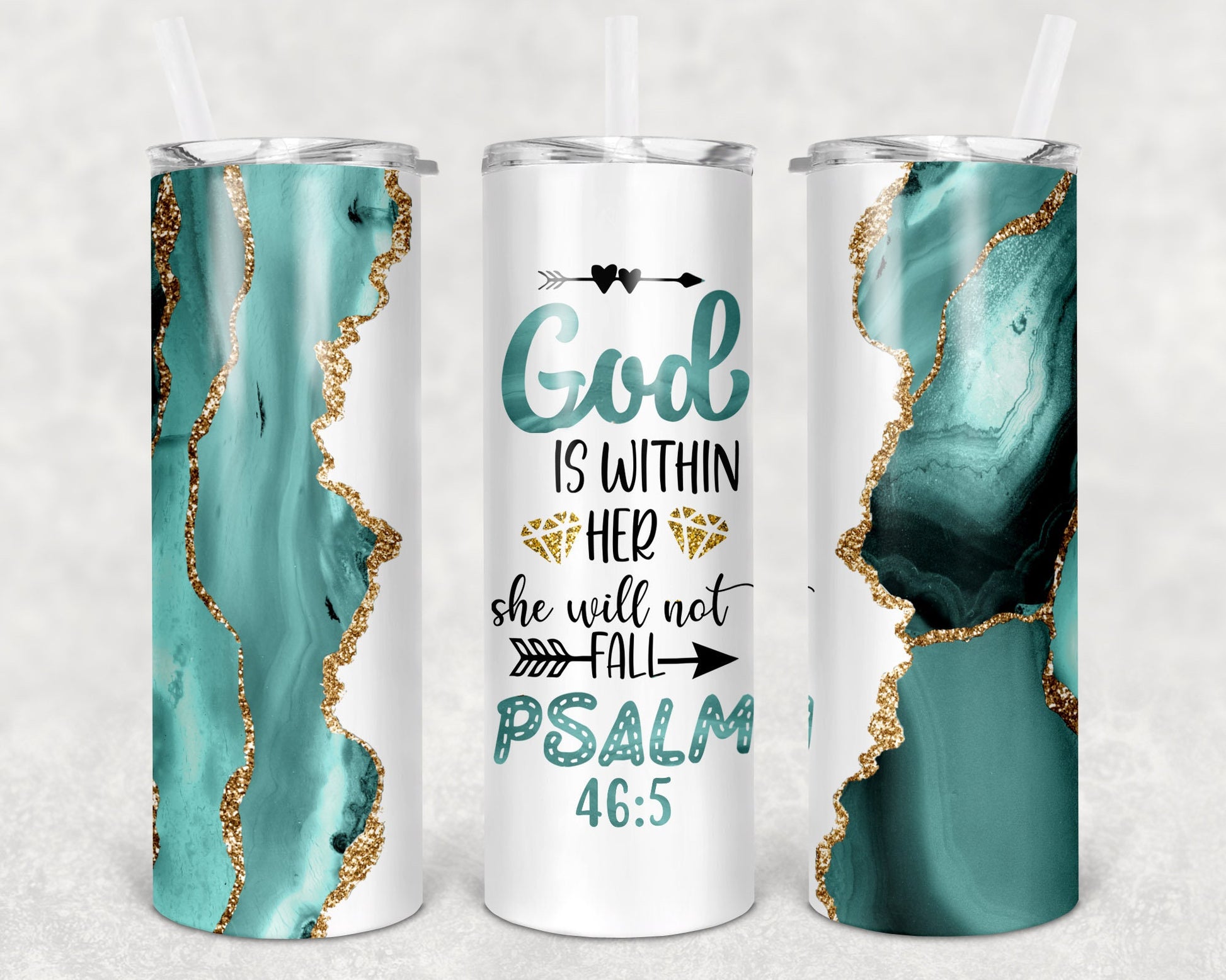 Green or Pink Psalms 46:5 20oz skinny tumbler or 12oz kids bottle cup with straw. Other colors available