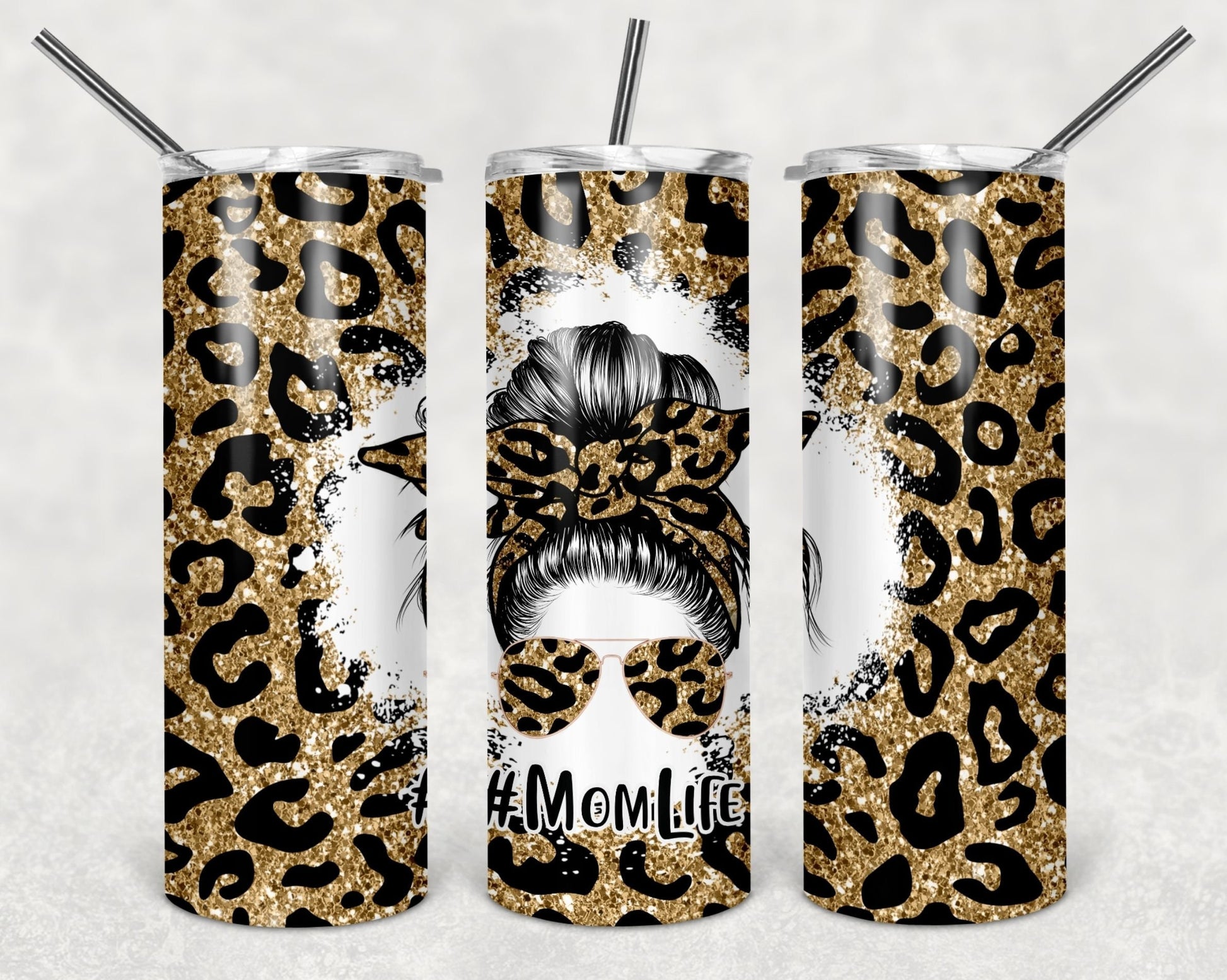 Glitter look cheetah print mom life 20oz skinny tumbler