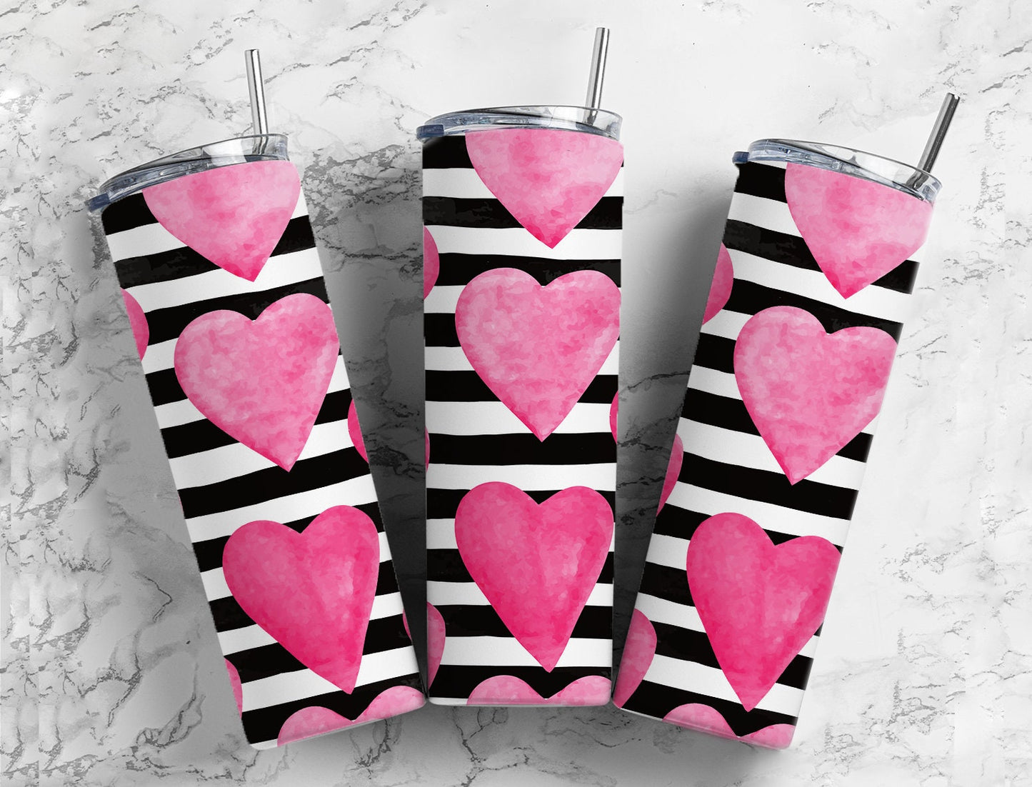 Pink hearts and black and white stripes 20oz skinny tumbler or kids 12oz kids bottle with straw