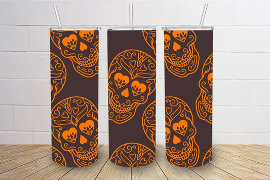 Brown and Orange sugar skulls halloween spooky tumbler choose size