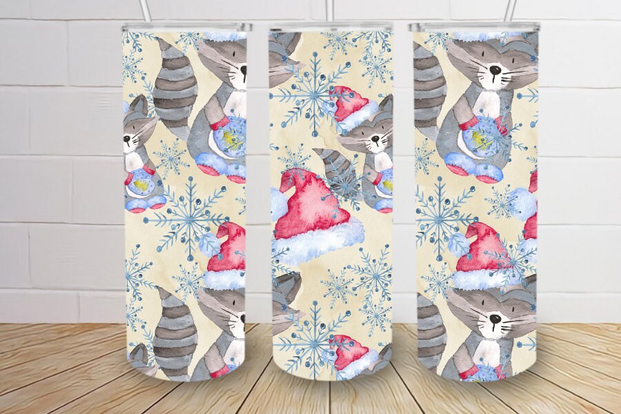 Snowflake Christmas tumbler with cute raccoons animals 20oz skinny tumbler