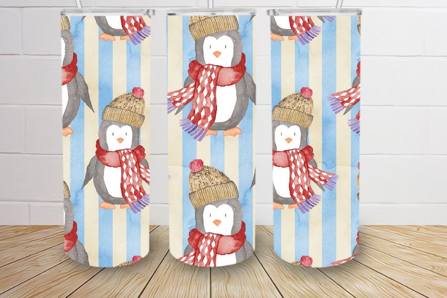 Super cute striped penguin christmas 20oz skinny tumbler