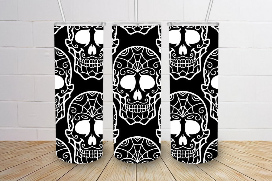 Black and white skulls halloween spooky tumbler 20oz skinny