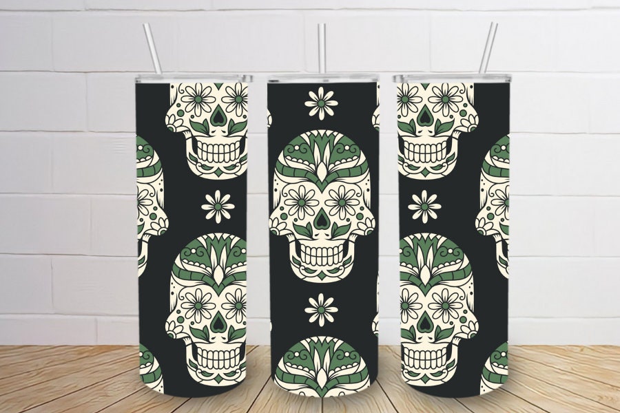 Green and white, beige skulls halloween tumbler 20oz skinny