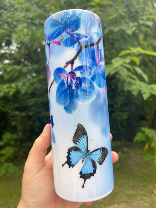 Blue butterfly and blue orchid flowers pretty floral 20oz skinny tumbler