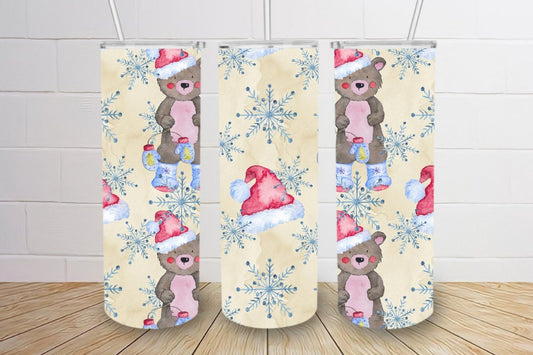 Christmas hat teddy bears and snowflakes super cute christmas 20oz tumbler