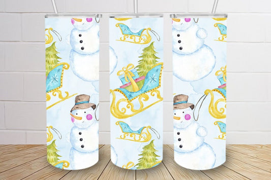 Christmas snowman with santa sled 20oz skinny tumbler