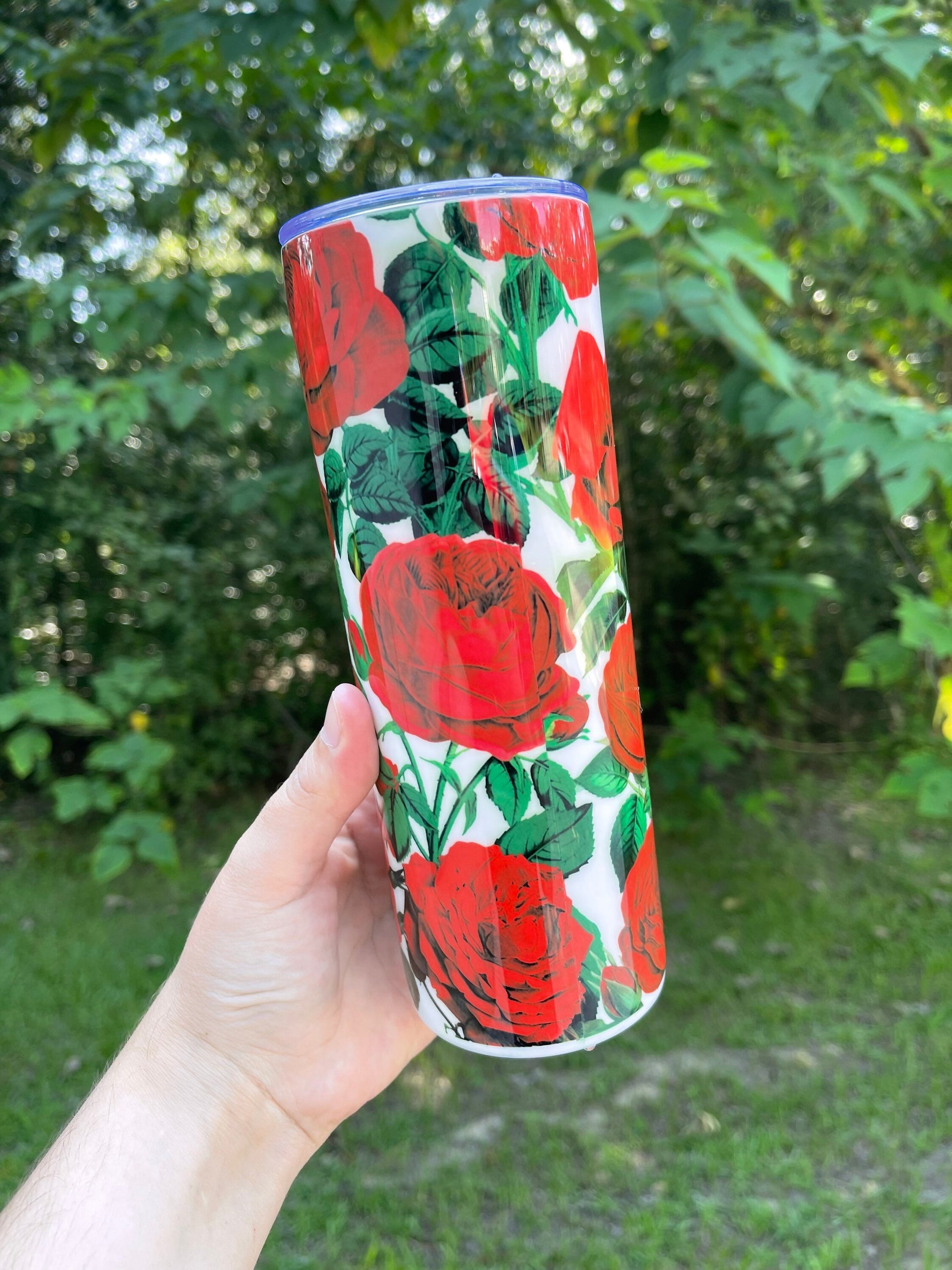 Beautiful and vibrant Red Roses  collage with stems leaves and thorns pretty tumbler 20oz skinny