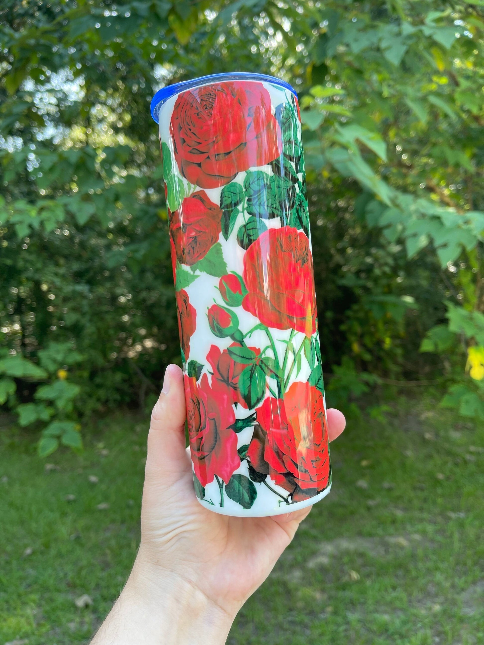 Beautiful and vibrant Red Roses  collage with stems leaves and thorns pretty tumbler 20oz skinny