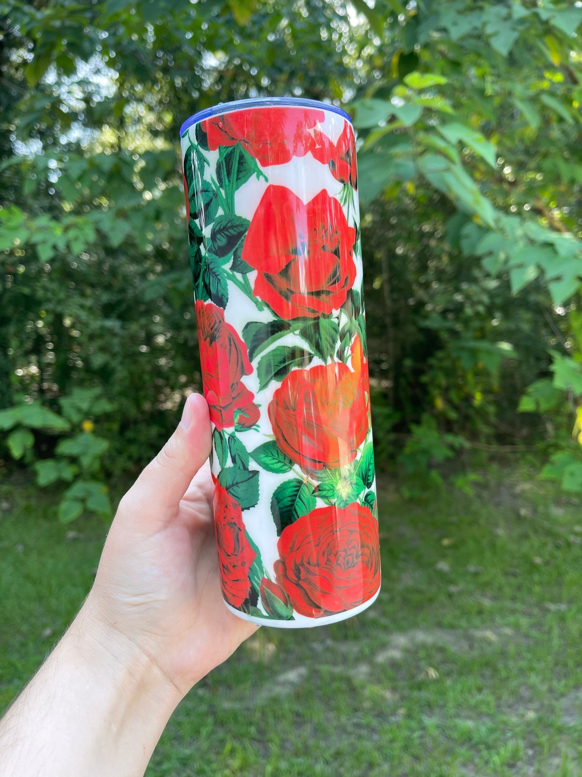 Beautiful and vibrant Red Roses  collage with stems leaves and thorns pretty tumbler 20oz skinny