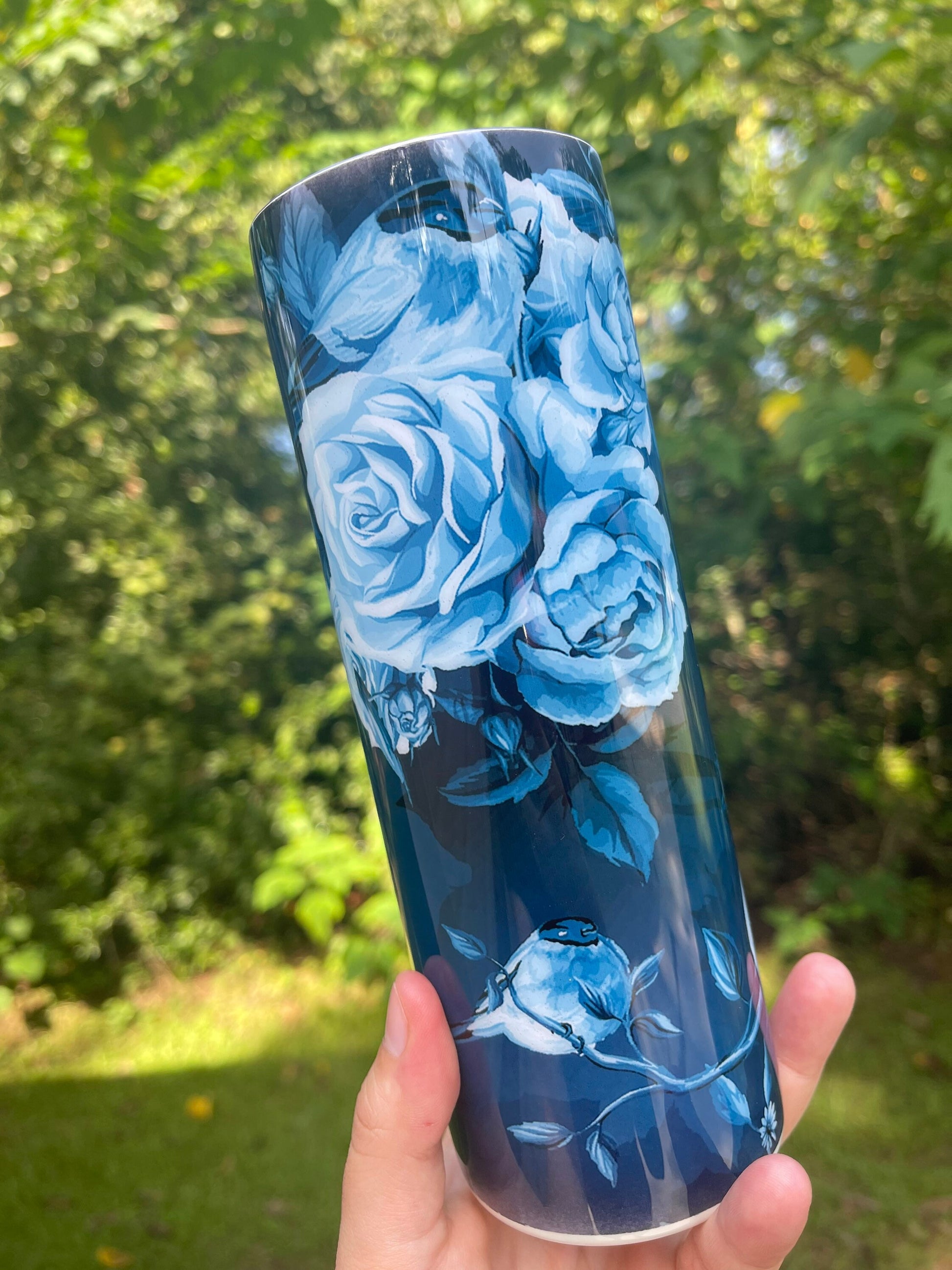 Blue roses and blue floral 20oz skinny tumbler or 12oz kids bottle with lid and straw