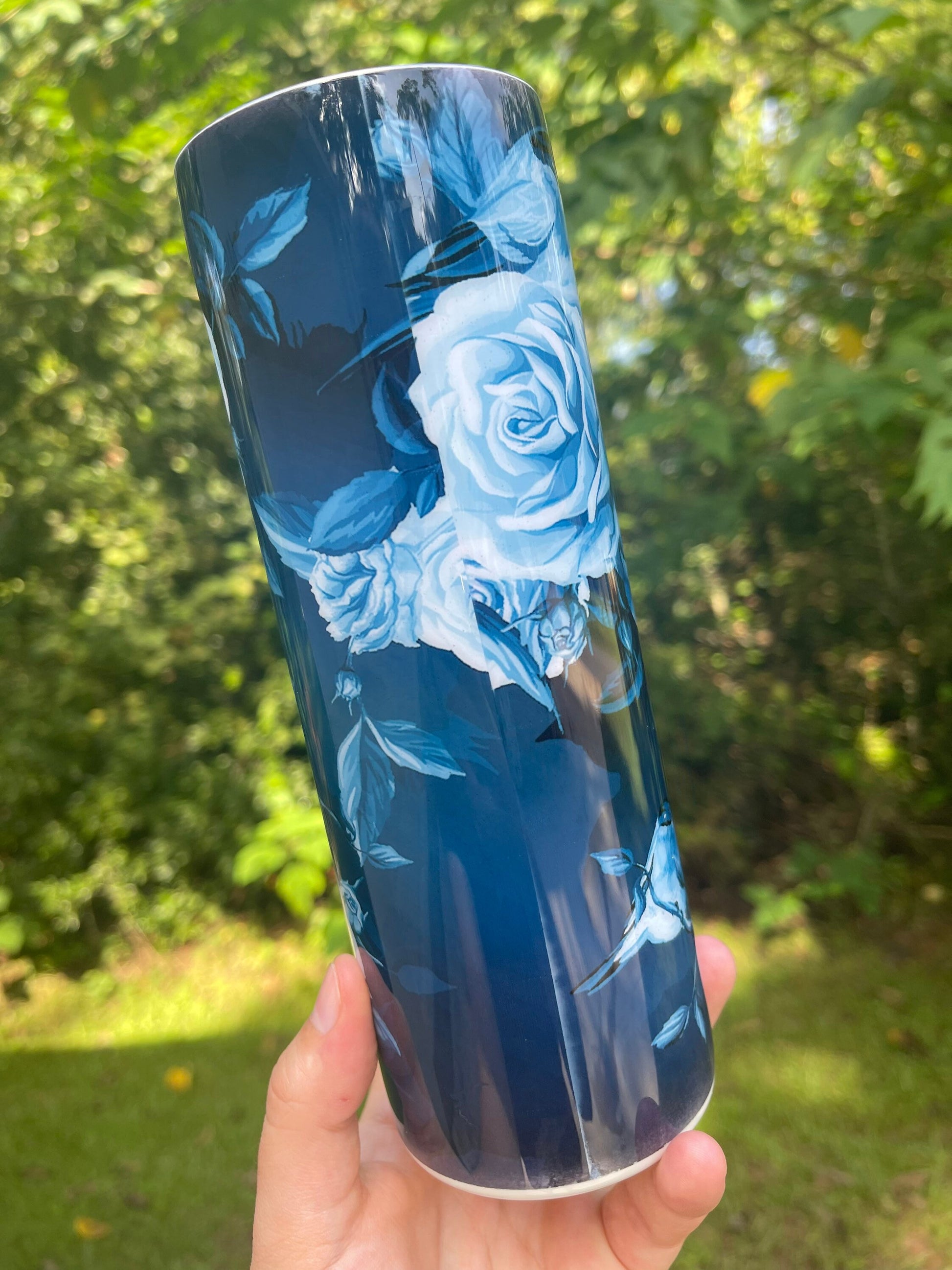 Blue roses and blue floral 20oz skinny tumbler or 12oz kids bottle with lid and straw