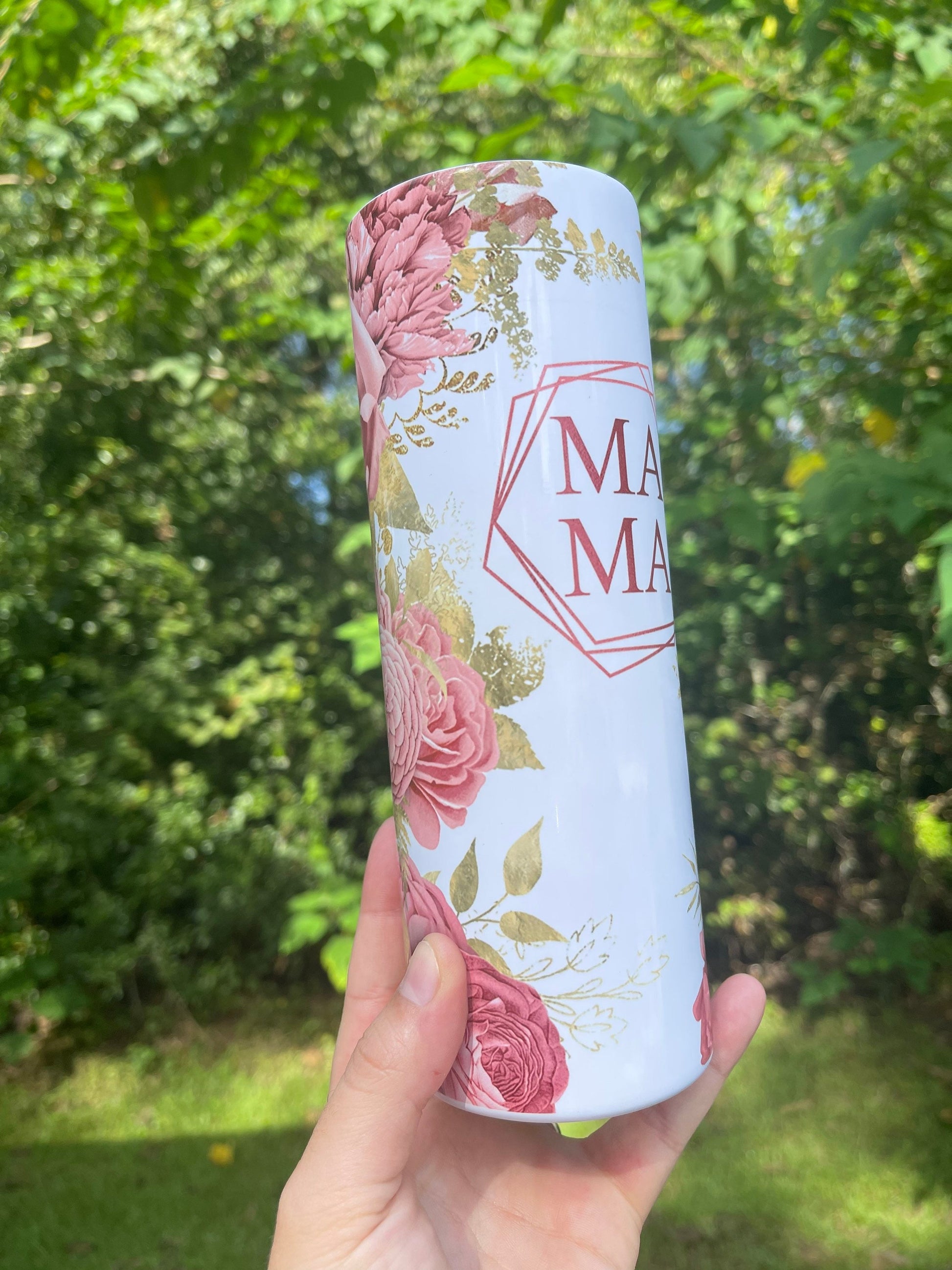 MAMA peony floral 20 or 30oz tumbler pink and gold flowers