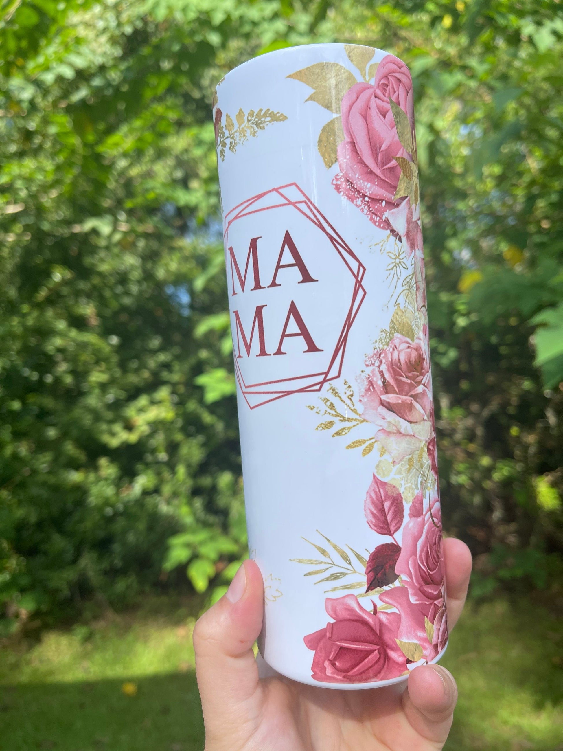 MAMA peony floral 20 or 30oz tumbler pink and gold flowers