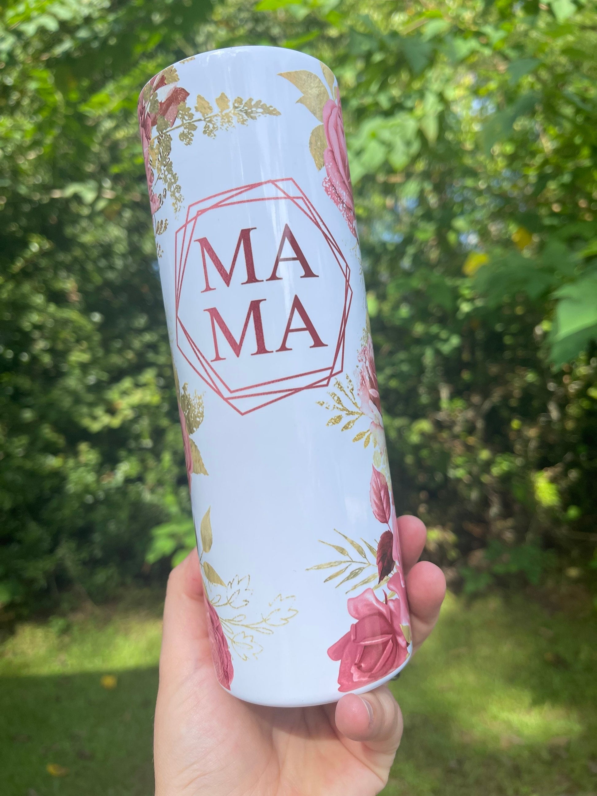 MAMA peony floral 20 or 30oz tumbler pink and gold flowers